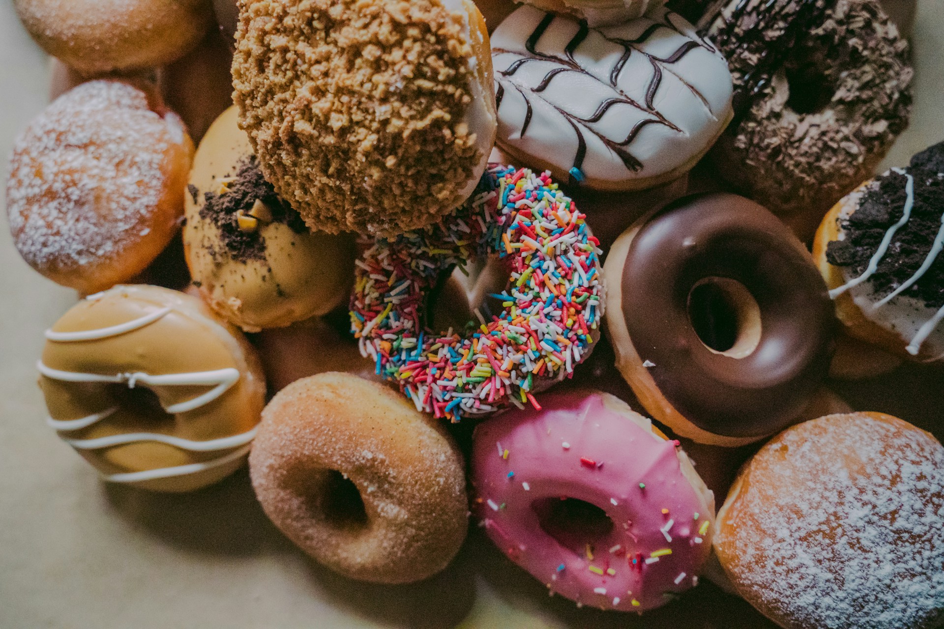 A stack of assorted donuts