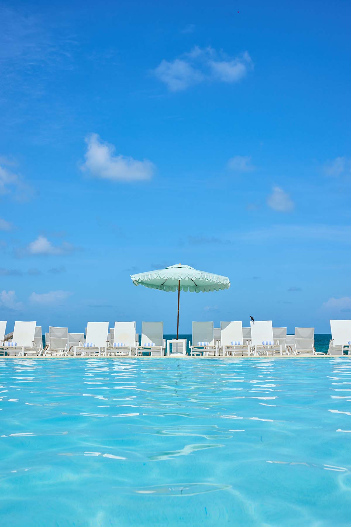 Blue pool water reveals white beach chairs and ocean behind.