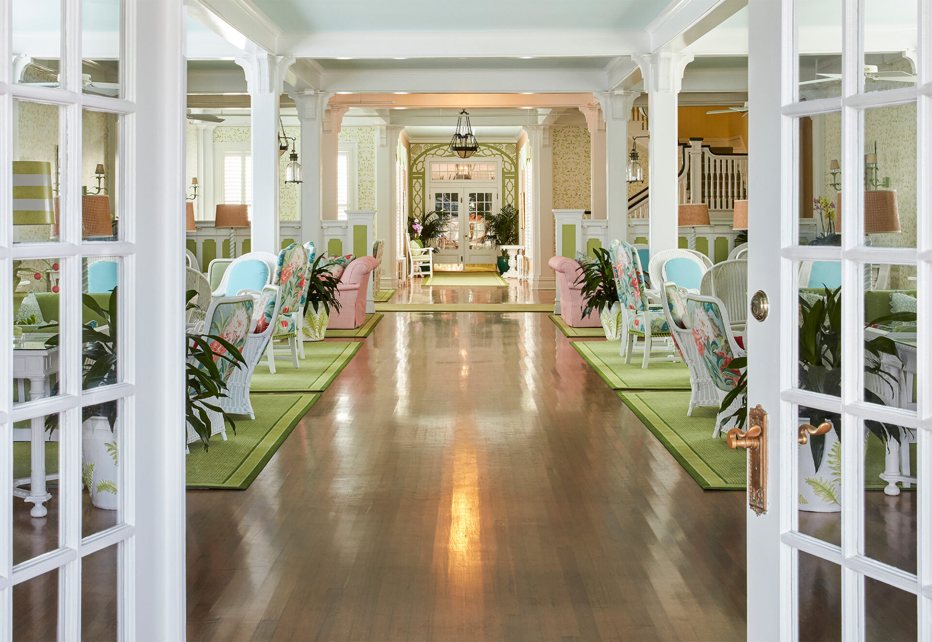 Gazing through open double doors into The Inn's living room